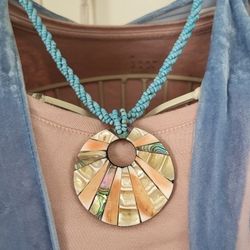 Vintage Choker Bib Necklace Seed Beads W/Shell Pendant 