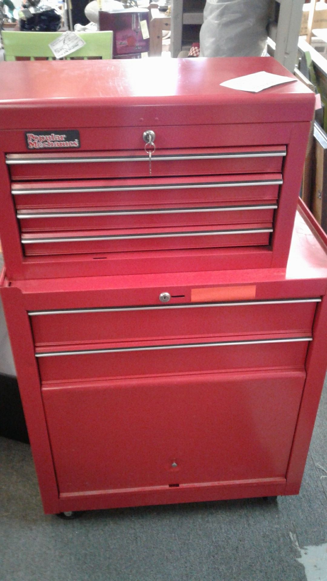Popular mechanics 2 tier red tool chest on wheels locking w/key-- 14x26x43" high