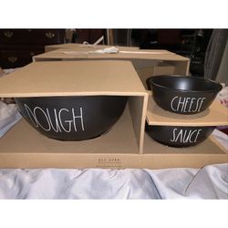 Rae Dunn Pizza 3 Bowl Set. Dough, Cheese, Sauce. Black 