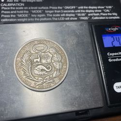 1923 Un Sol Peru 50% silver coin. Sold under melt.
