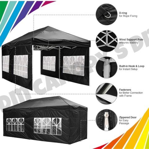 Instahibit 10 x 20 foot foldable awning for outdoors for weddings parties closed awning with side walls transport bag Black Color
