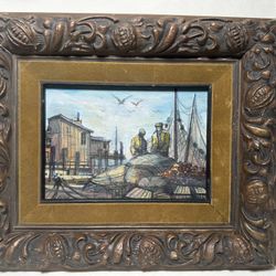 Vintage Mid-Century Ornate Wood Frame with Nautical Oil Painting 5x7 Signed
