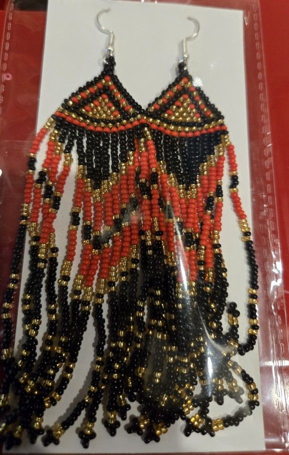 Handmade Beaded Red Black Long Dangle Fashion Earrings