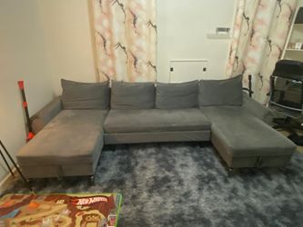 Gray Velvet U-Shaped Sofa with Storage