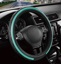 Teal Black Leather Steering Wheel Cover