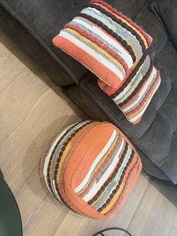 Boho Woven Pouf Ottoman + 2 Matching Pillows – 3 Piece Set