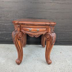 Gorgeous Antique Carved Wood Side Table With Inlaid Top And Drawer