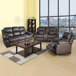 Brown Leather Recliner Couch Set 3 Pieces 