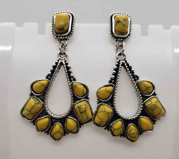 Yellow Turquoise Silver Dangle Earrings 