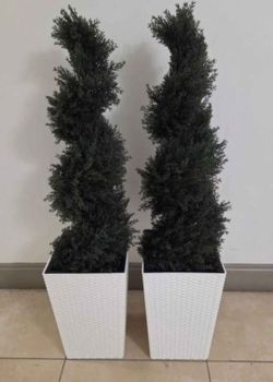 PAIR of 3ft Faux Cedar Spirals in 16in White (Rattan) Planters (2 for $110) @ Lasting Creations