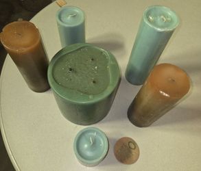 Lot of 6 Assorted Rustic Pillar Candles – Mixed Earthy Tones Green & Brown