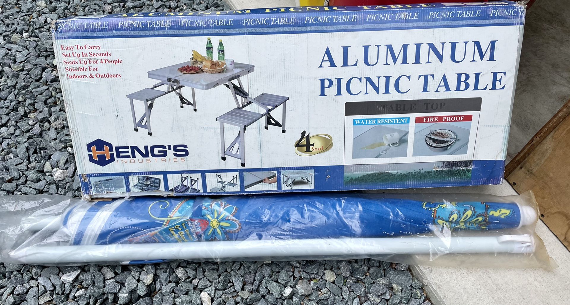 Camping Fold Up Aluminum Picnic Table/ 6ft Umbrella BRAND NEW