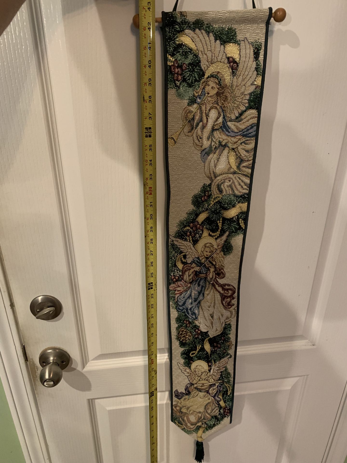 New Large 43 Inches Long Angels Tapestry W/ Large Green Tassel And Hanging Ribbon, 7