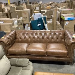 Home Decorators Collection Blakely 95 in. Arena Vintage Brown Leather 3 - Seater Chesterfield Sofa with Removable Cushions