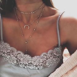 Fashion Boho Choker Necklace Vintage Moon Long Chain Multilayer Necklace