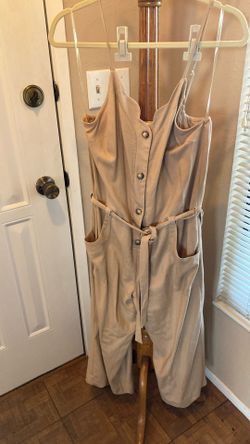 Linen Jumpsuit, Beige, Two Side Pockets, Size Large Petite