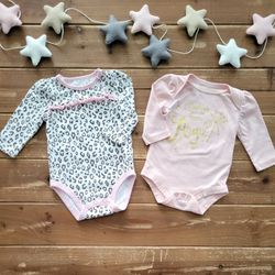 0-3MOS PAIR OF LIGHT PINK & LEOPARD PRINT LONG-SLEEVE BODYSUITS