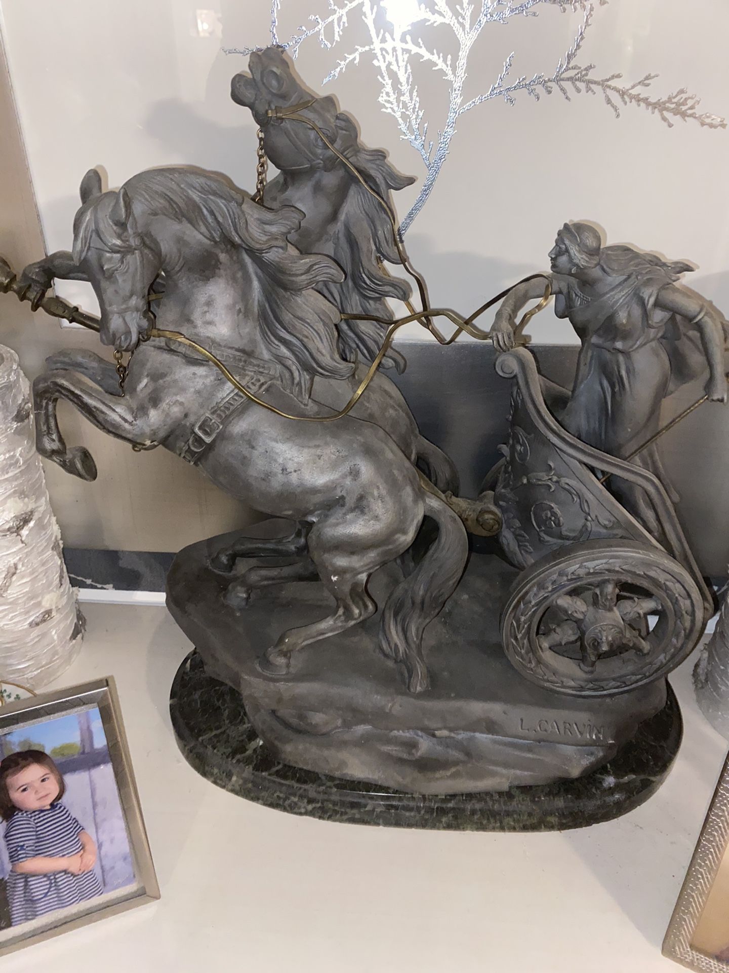 Antique pewter statue Horse and chariot