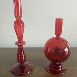 2 Red Candle Holders or Decorative Pieces