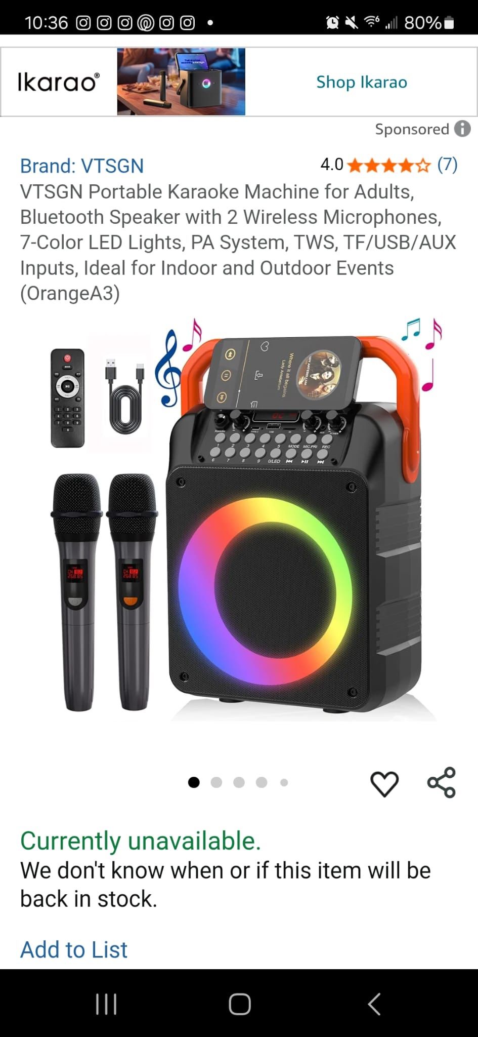 VTSGN Portable Karaoke Machine for Adults, Bluetooth Speaker with 2 Wireless Microphones, 7-Color LED Lights, PA System, TWS, TF/USB/AUX Inputs, Ideal