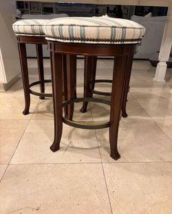 Set of 3 Traditional Wood & Blue-Stripe Barstools (Ideal for Reupholstery / DIY Project)