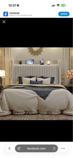 SHA CERLIN King Size Velvet Bed Frame with Shelf, Charging Station, Cream