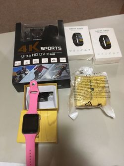 Gifts! In a pinch 2 smart watches, 2 smart bands and 4K Sports-cam-New in box!!