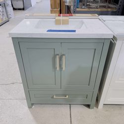 30 in Single Sink Bath Vanity in Sage Green with Vanity Top in White  $475 