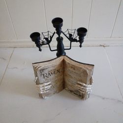Metal Halloween Candle Holder And Spooky Raven Book 