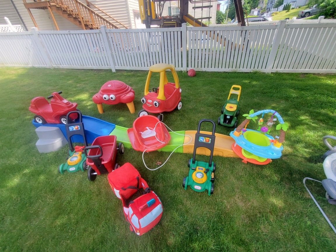 1) Step 2 Child Roller Coaster 2) Little Tykes Crab Sandbox 3) John Deer Tractor 4) Flexible Flyer Sled 5) Lawn Mower Little Tykes With Gas Can 6)