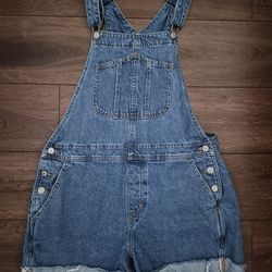 Old Navy Denim Jean Short Overalls Distressed Frayed Hem Women's Sz L