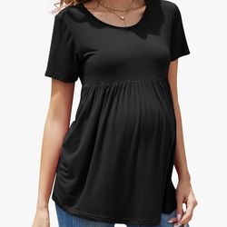 Small Maternity Shirts Summer Short Sleeve Pregnancy Tops Casual Comfy Maternity Blouse with Ruffle Peplum for Work