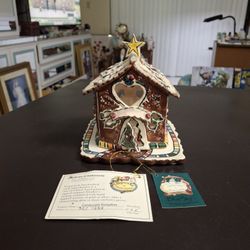 "NEW " Blue Sky Clayworks " Candycane Bungalow " Tealight House With Stand, Original Label & Certificate Of Authenticity 6"H