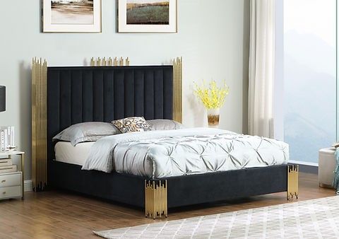 King Black Velvet Platform Bed