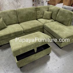 New Green Couch Sectional Chaise And Storage Ottoman 