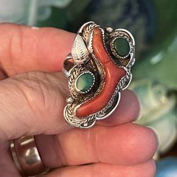 Vintage Sterling, Turquoise, & Coral Navajo Ring 7sz