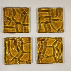 LOT OF 4 VINTAGE DETAILED GLOSSY YELLOW GOLD GLASS COASTERS
