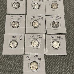 10 USA Dimes De Plata Silver Dimes All Pre 1964
