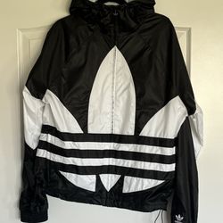 Men's Medium Adidas Original Big Trefoil Ripstop Windbreaker Black Hoodie Jacket