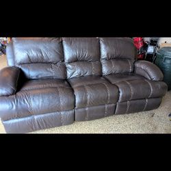 Brown Leather Couch In Good Condition Also Bonus Recliners On Each End Chair
