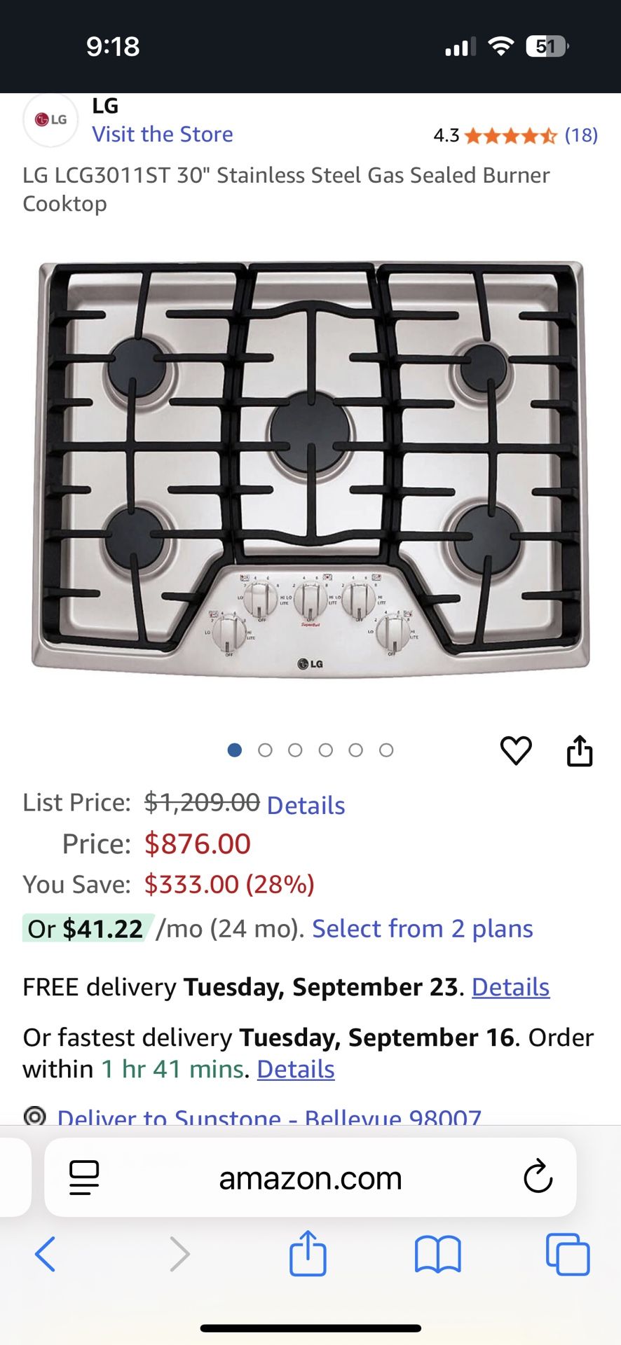 Brand New LG Gas Cooktop 30”