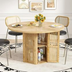 47 Inch Round Dining Table for 4, Circle Kitchen Table with Storage Shelf for Living Room, Walnut