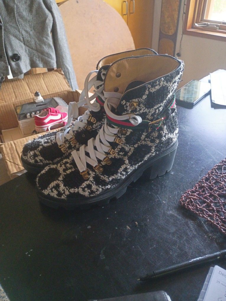 Gucci Tweed Monogram Lace up Women's Boots