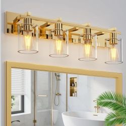 (Brand New in Box) 4-Light 30inch Brushed Gold Vanity Light, Thickened Clear Glass Over Mirror for Bathroom, Rust Resistant, E26 Base, Easy Install,