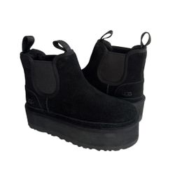 UGG BLACK SUEDE NEUMEL PLATFORM CHELSEA ANKLE BOOTS, WOMEN US 7/ EUR 38 ~NIB