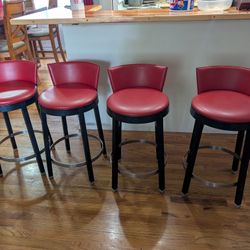 Set Of 4 Modern Red Leather Bar Stools 