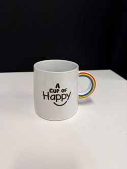 World Market White Ceramic Mug with Rainbow Handle