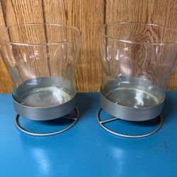 2 PCs 7.5” by 6” Clear Glass Candle Holders w/ Silver Metal Stand