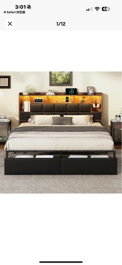 New in box king Bed Frame with Charging Station, PU Leather Upholstered Platform Bed with Bookcase Headboard and LED Light, 2 Hidden Drawers & 2 Large