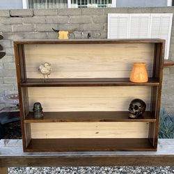 Custom Solid Wood 4-Tier Wall Display Shelf with Plate Groove – Rustic / Farmhouse Style  Custom-built solid wood display shelf with a rich wood tone 